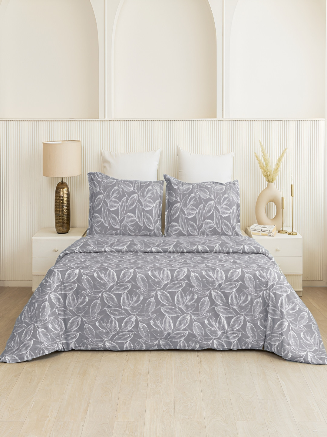 HOMEMONDE Grey Floral Printed 210TC Pure Cotton King Duvet Cover With Pillow Cover