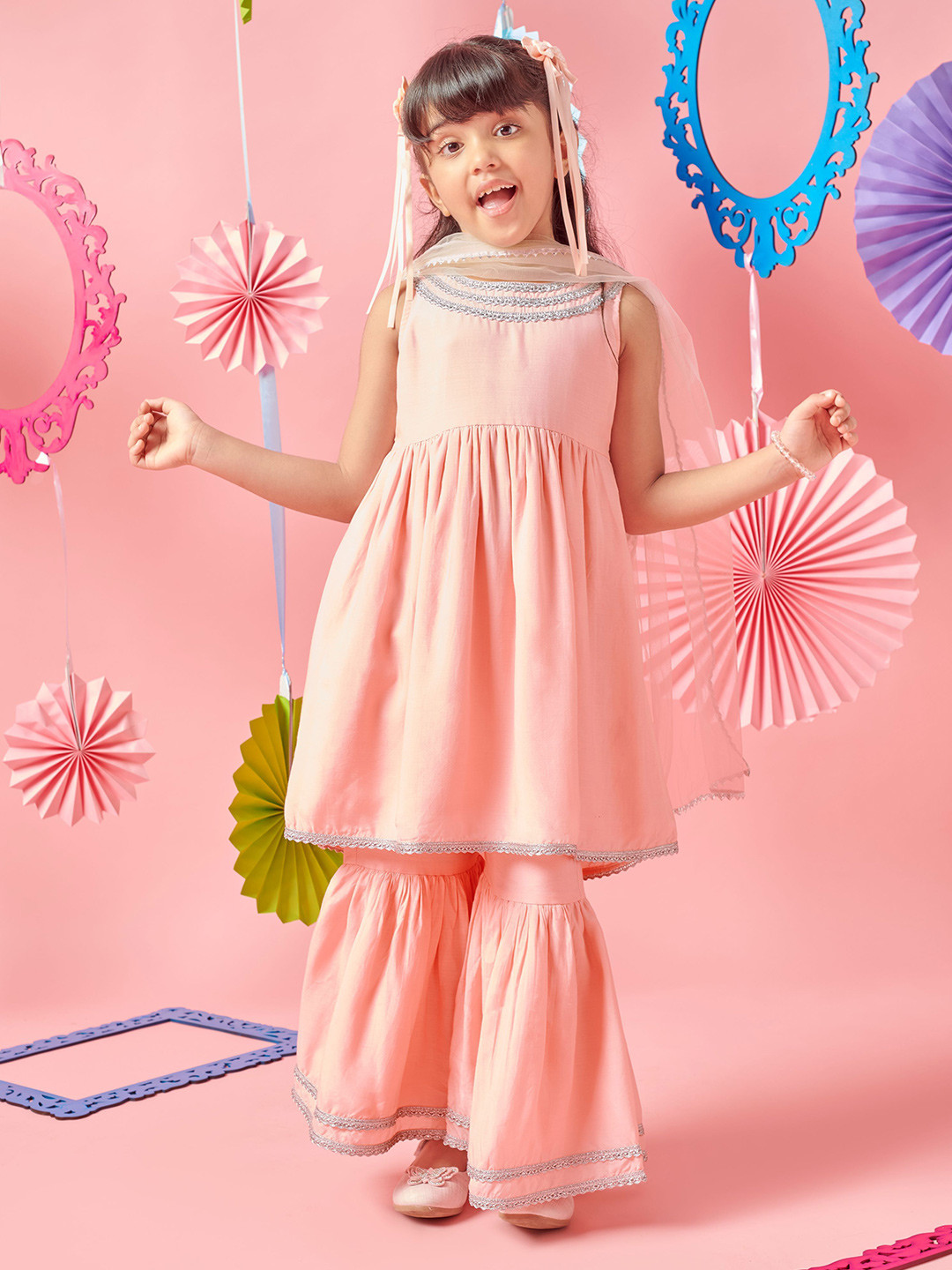 MASTARANG Girls Lace Work Kurta With Sharara And Shaded Duppata