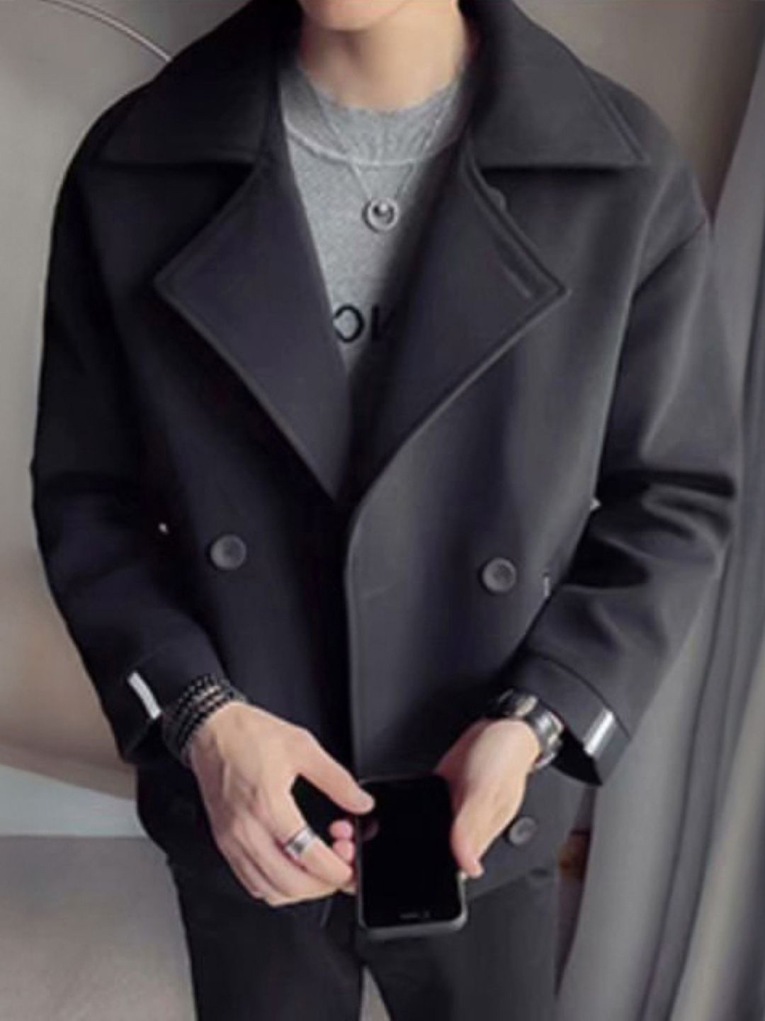 HERE&NOW Men Lapel Collar Solid Casual Tailored Coat