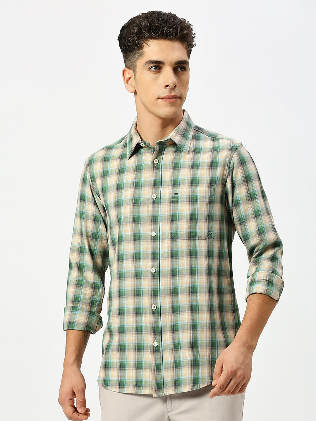Basics Men Tartan Checked Opaque Cotton Casual Shirt