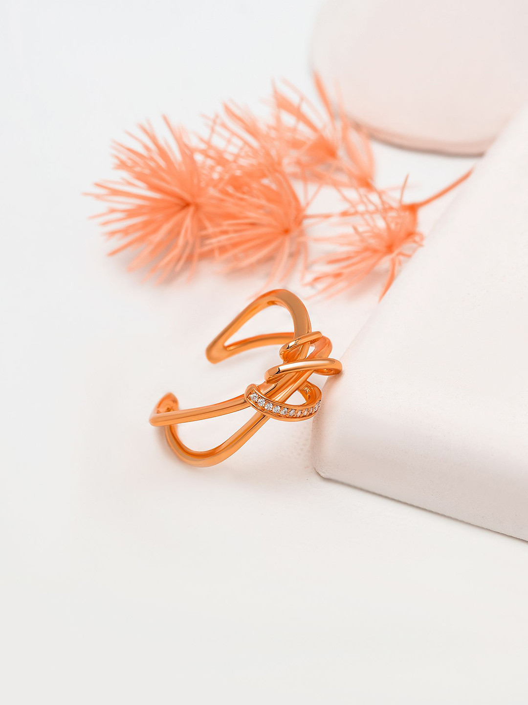 SILBERRY Rose Gold-Plated CZ Studded Twisted Knot Finger Ring