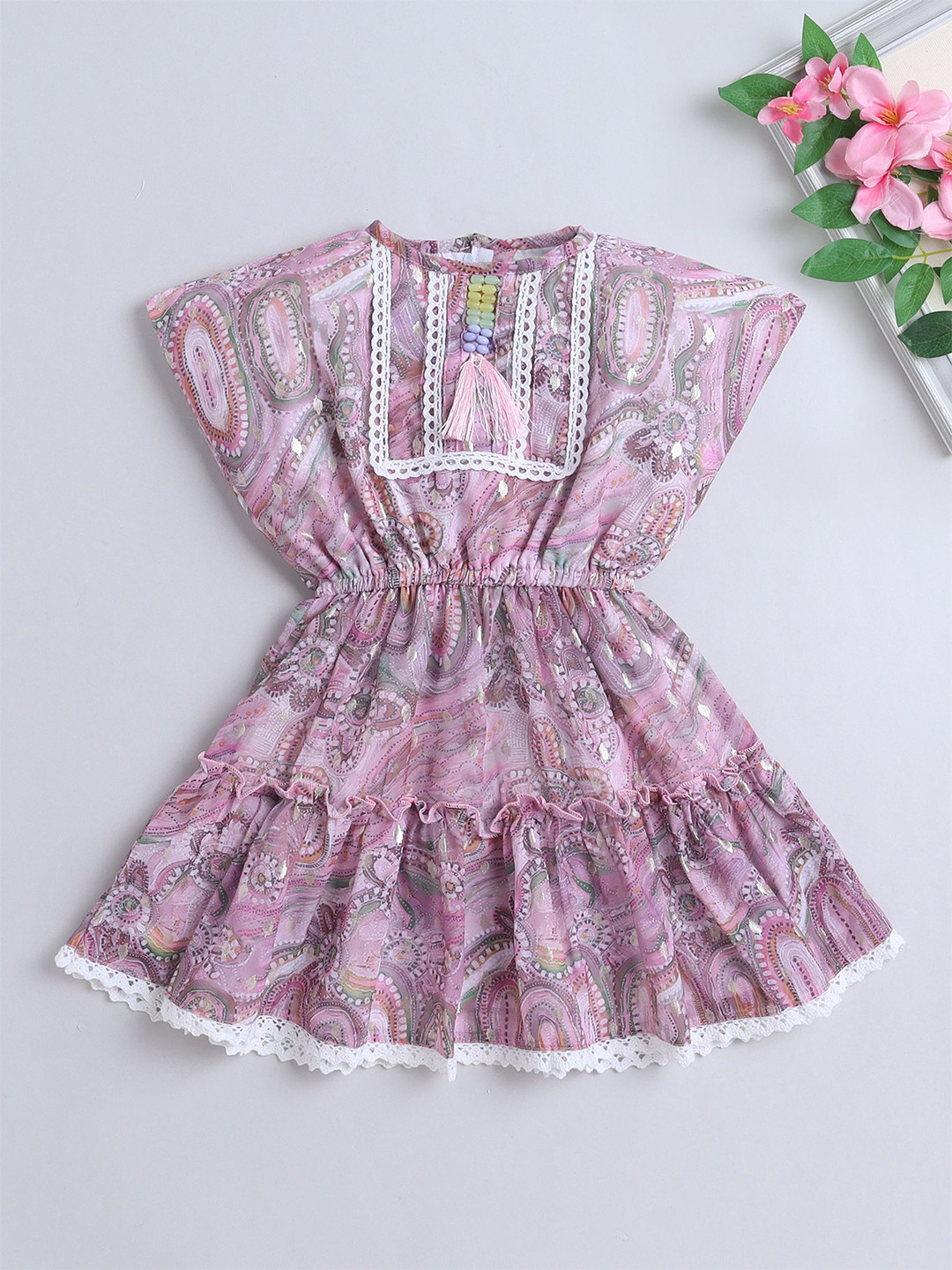The Magic Wand Girls Floral Printed Flared Sleeve Fit & Flare Dress