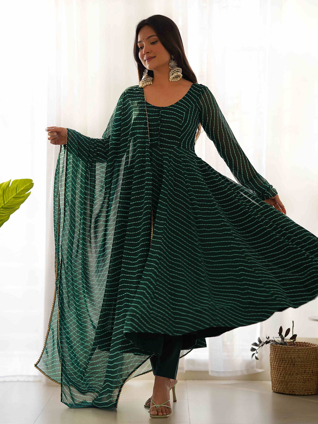 LABELKBBRAND Green Striped Angrakha Anarkali Kurta With Trouser & Dupatta Set
