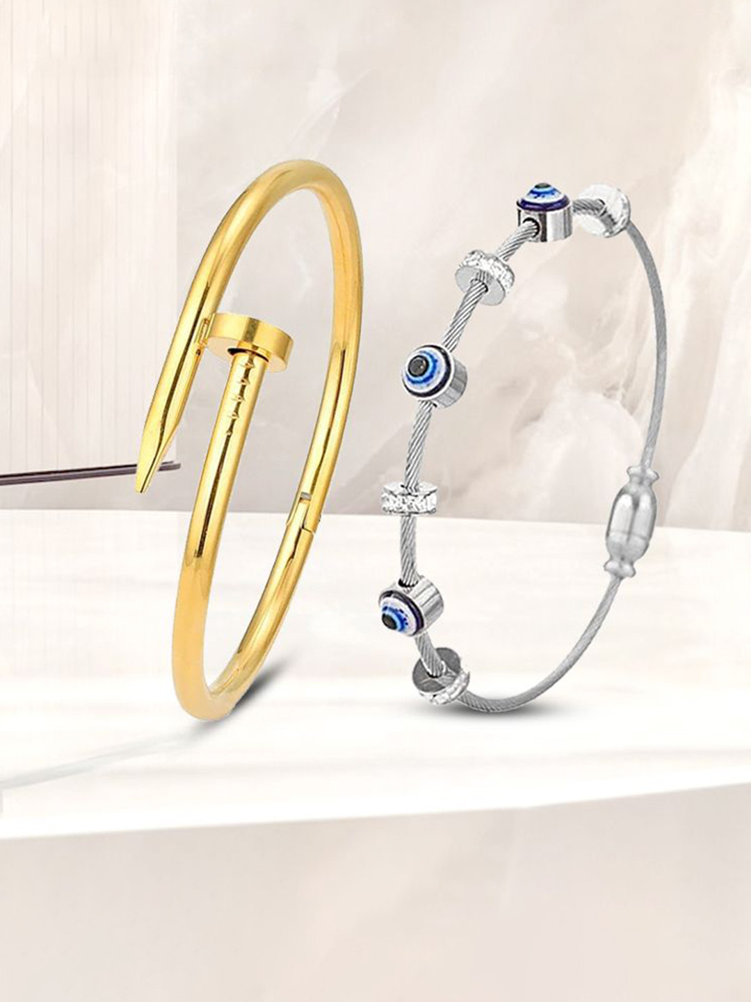 MEENAZ Set Of 2 Gold-Plated Stainless Steel American Diamond Anti Tarnis Kada Bracelets