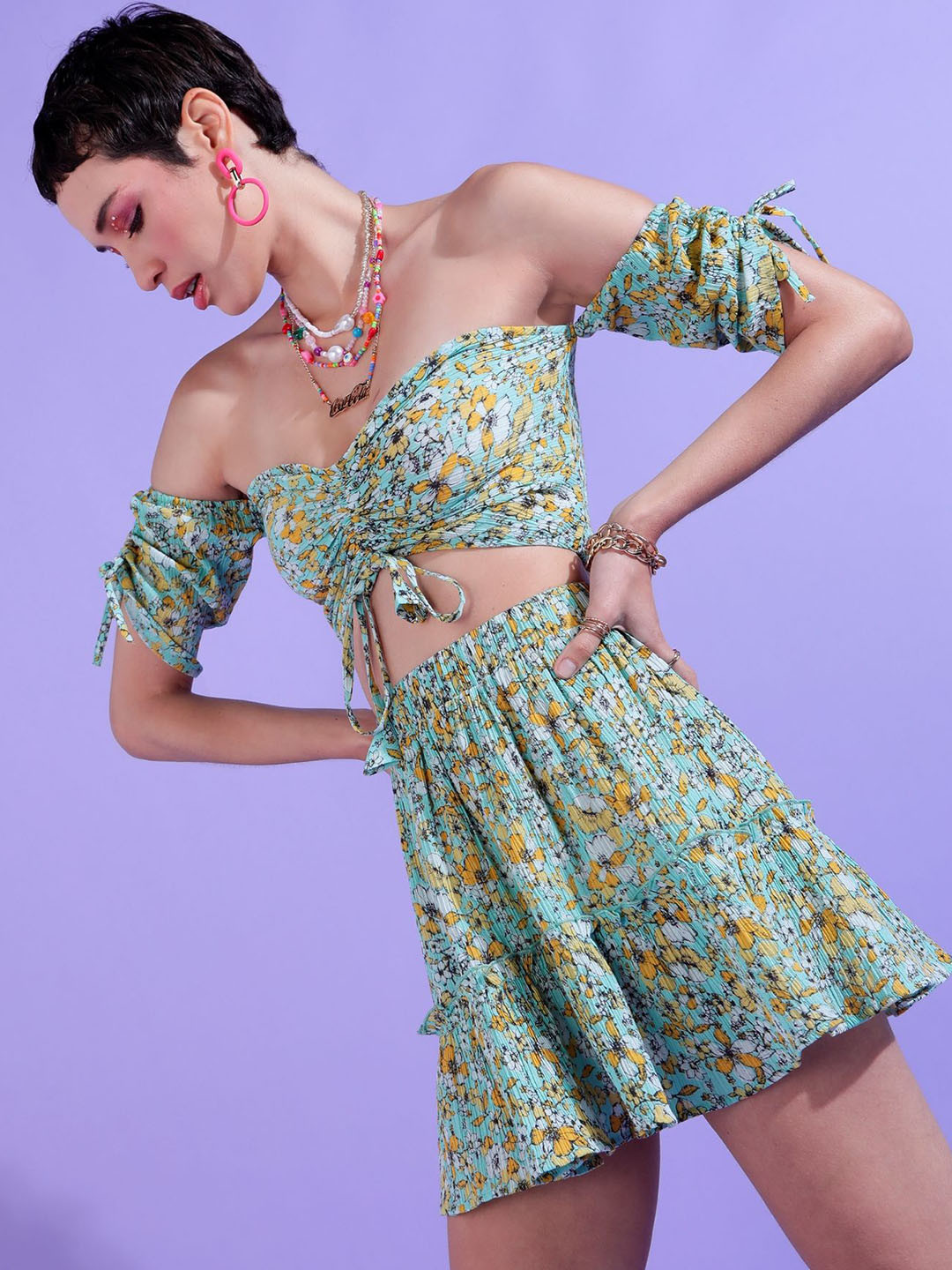Fuchsia Floral Printed Off Shoulder Sleeves Pure Cotton Casual Top & Skirt Co-Ord Set