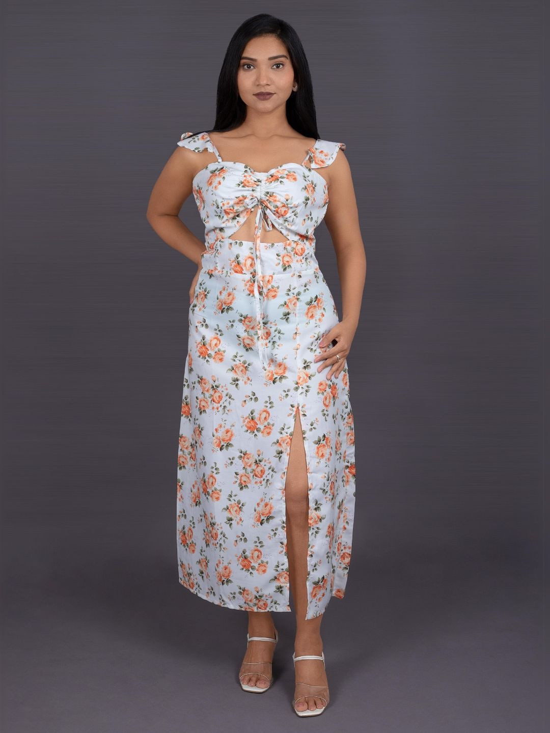 La Aimee Floral Print Cape Sleeve Maxi Dress