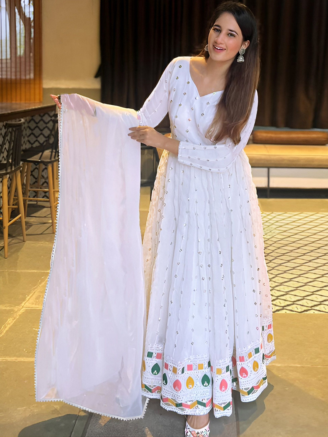 BAESD Mirror Work Embroidered Sweetheart Neck Georgette Ethnic Dresses With Dupatta