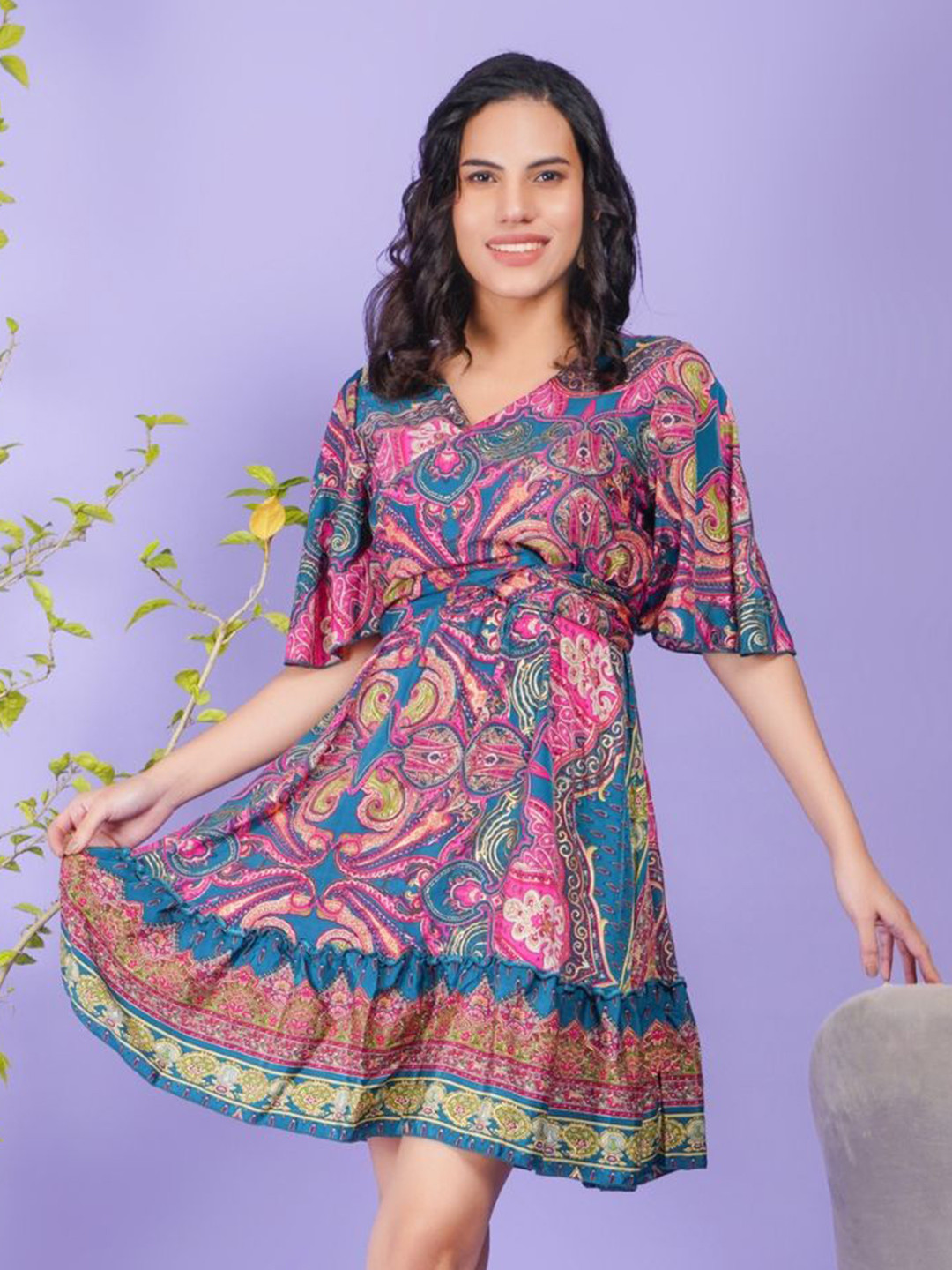 Boholyfe Women Print Bohemian Flared Sleeve A-Line Dress