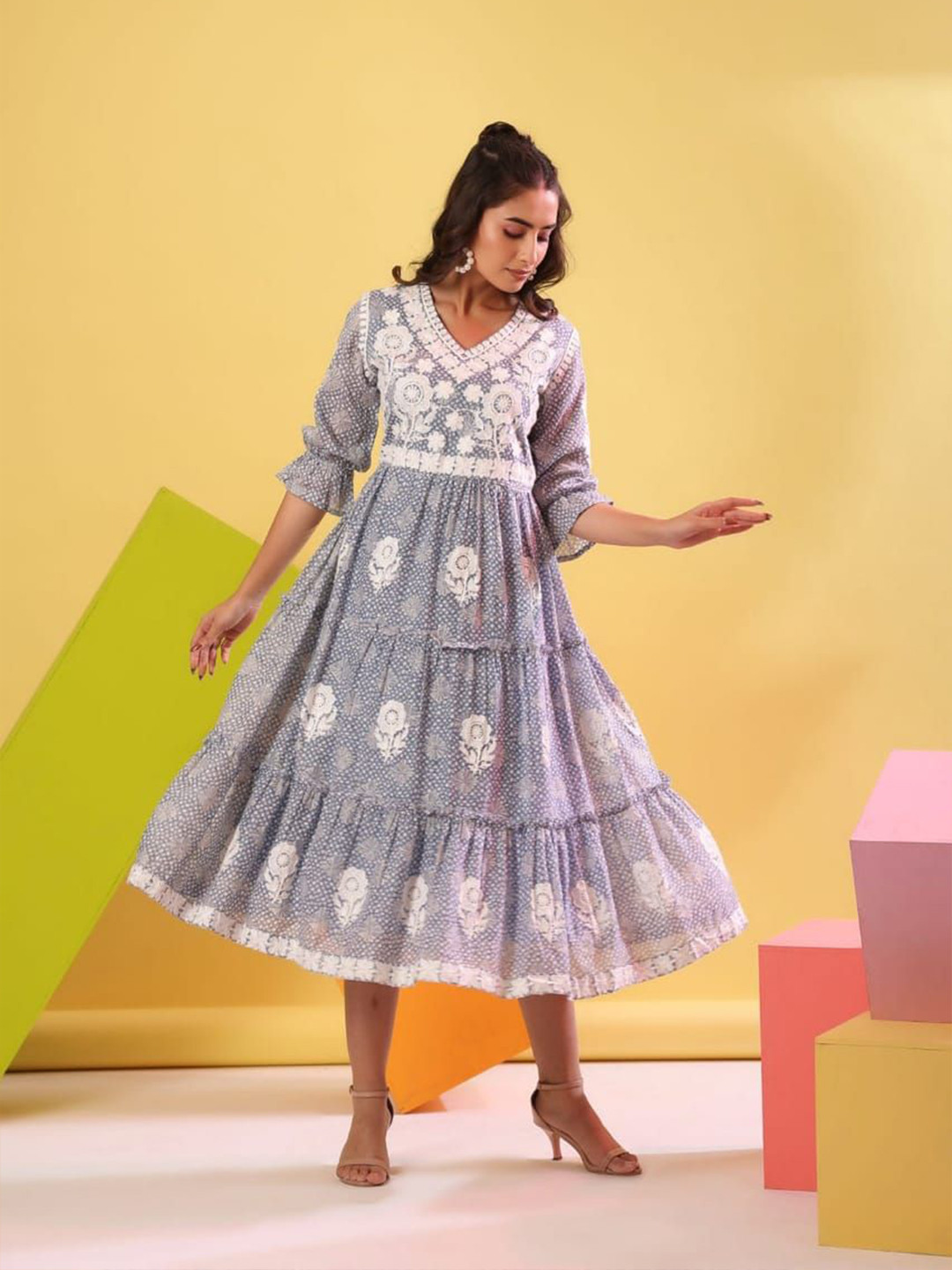 CUSTARD Floral Embroidered Puff Sleeve Fit & Flare Maxi Dress