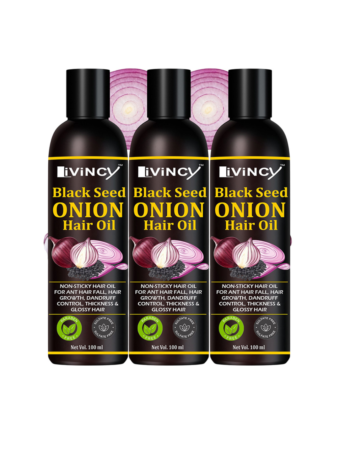 LIVINCY Set Of 3 Black Seed Onion Oil For Hair Growth - 100 ml Each