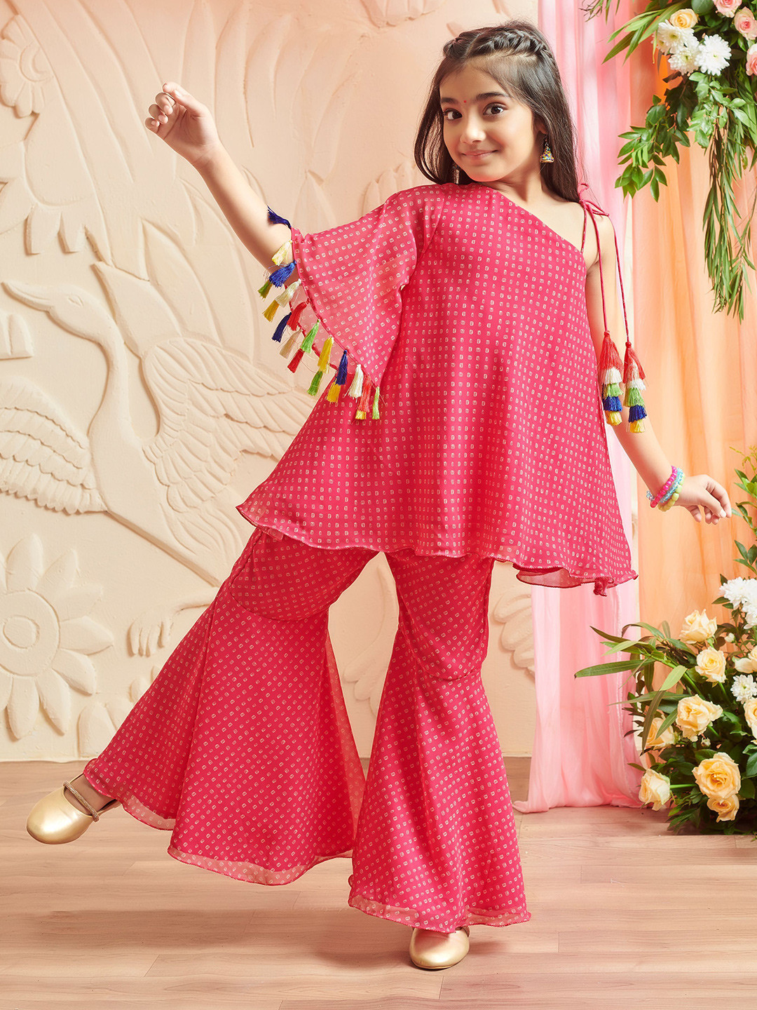 MASTARANG Girls Bandhani Tasseled Off Shoulder Clothing Set