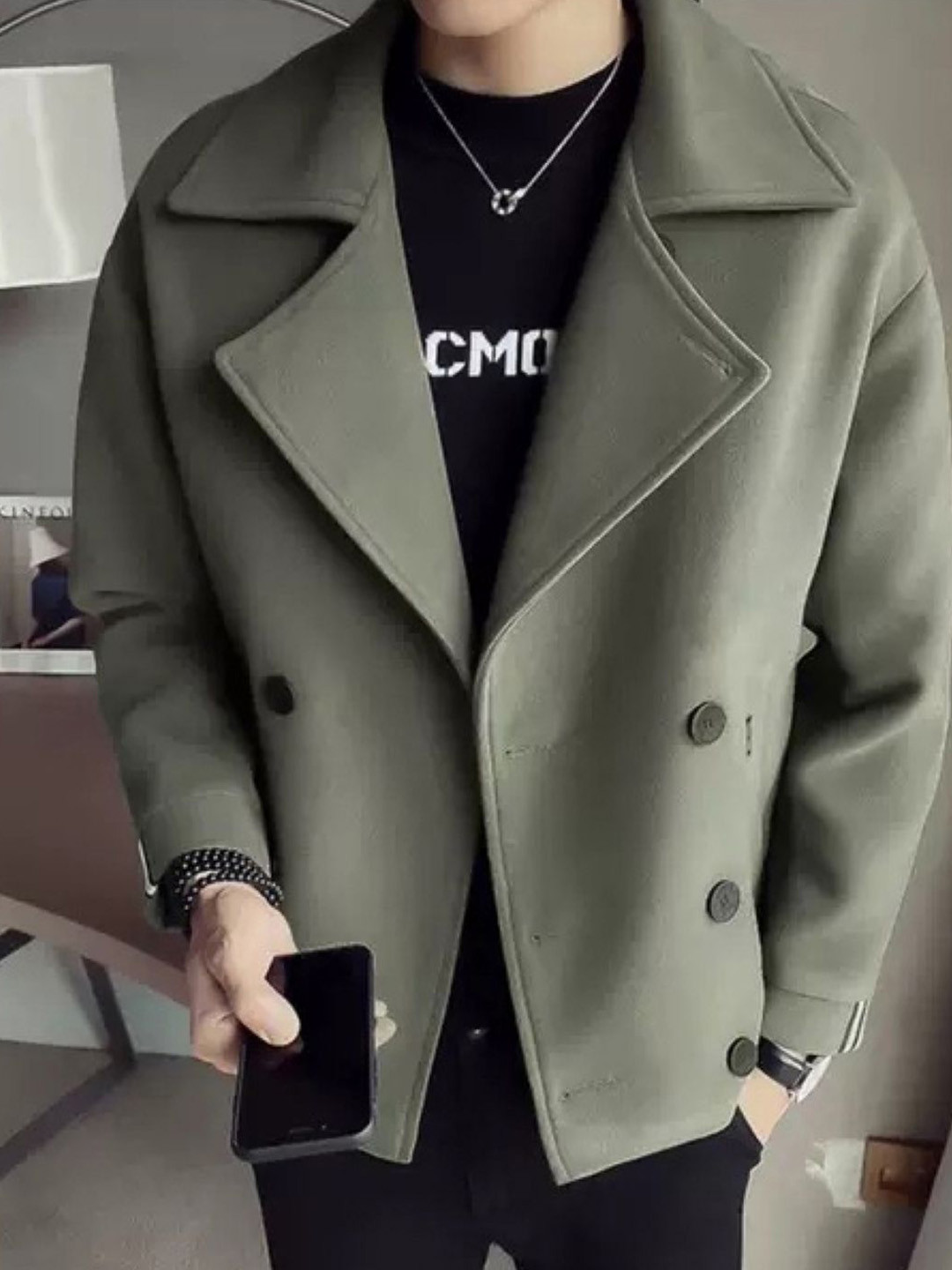 HERE&NOW Men Lapel Collar Solid Casual Coat