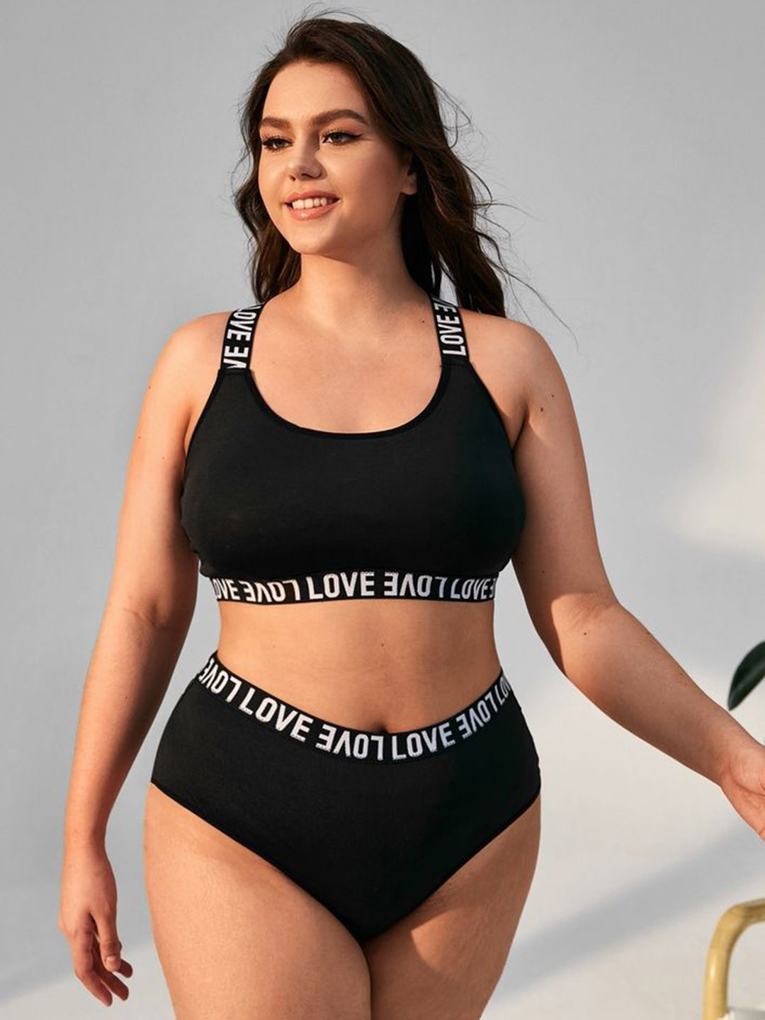 LULU & SKY Printed Shoulder Strap Lingerie Set 8645-1-BLACK