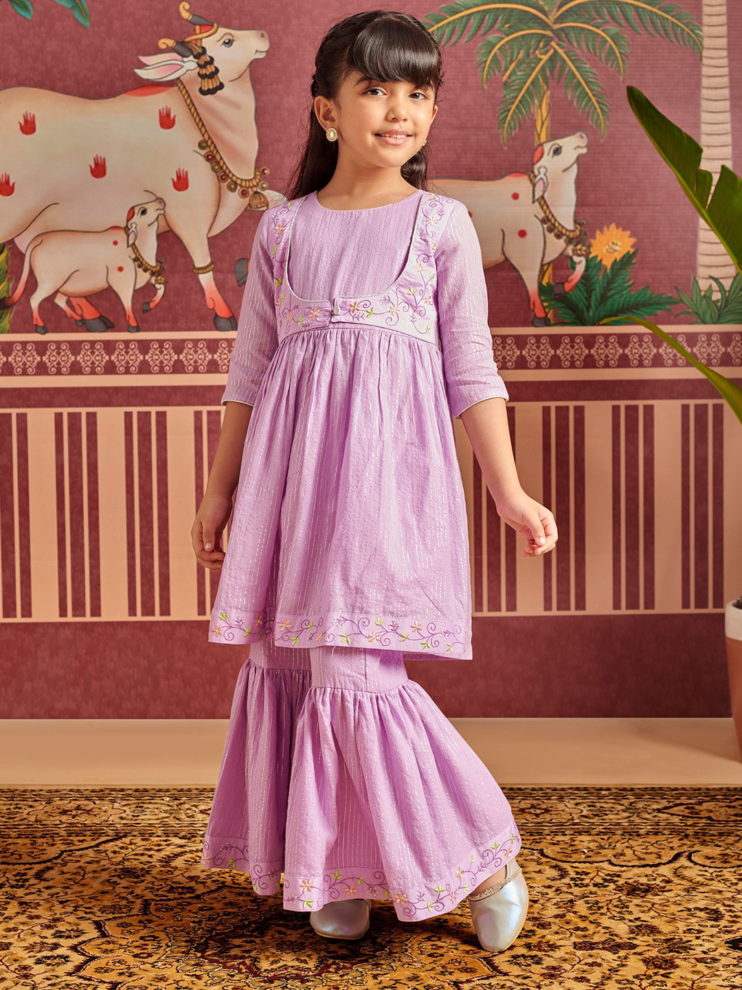 MASTARANG Floral Embroidered Frock Style Kurta With Pallazo & Mock Jacket