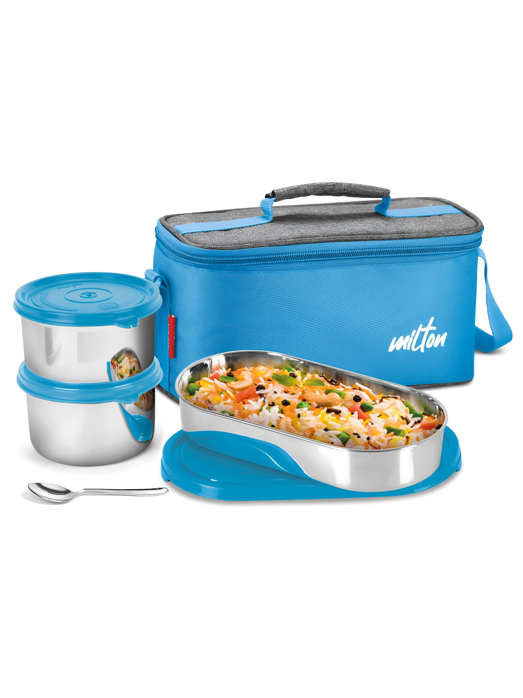 Milton Smart Blue Solid Stainless Steel Leak Resistant 4PCs Lunch Box With Spoon and Fork