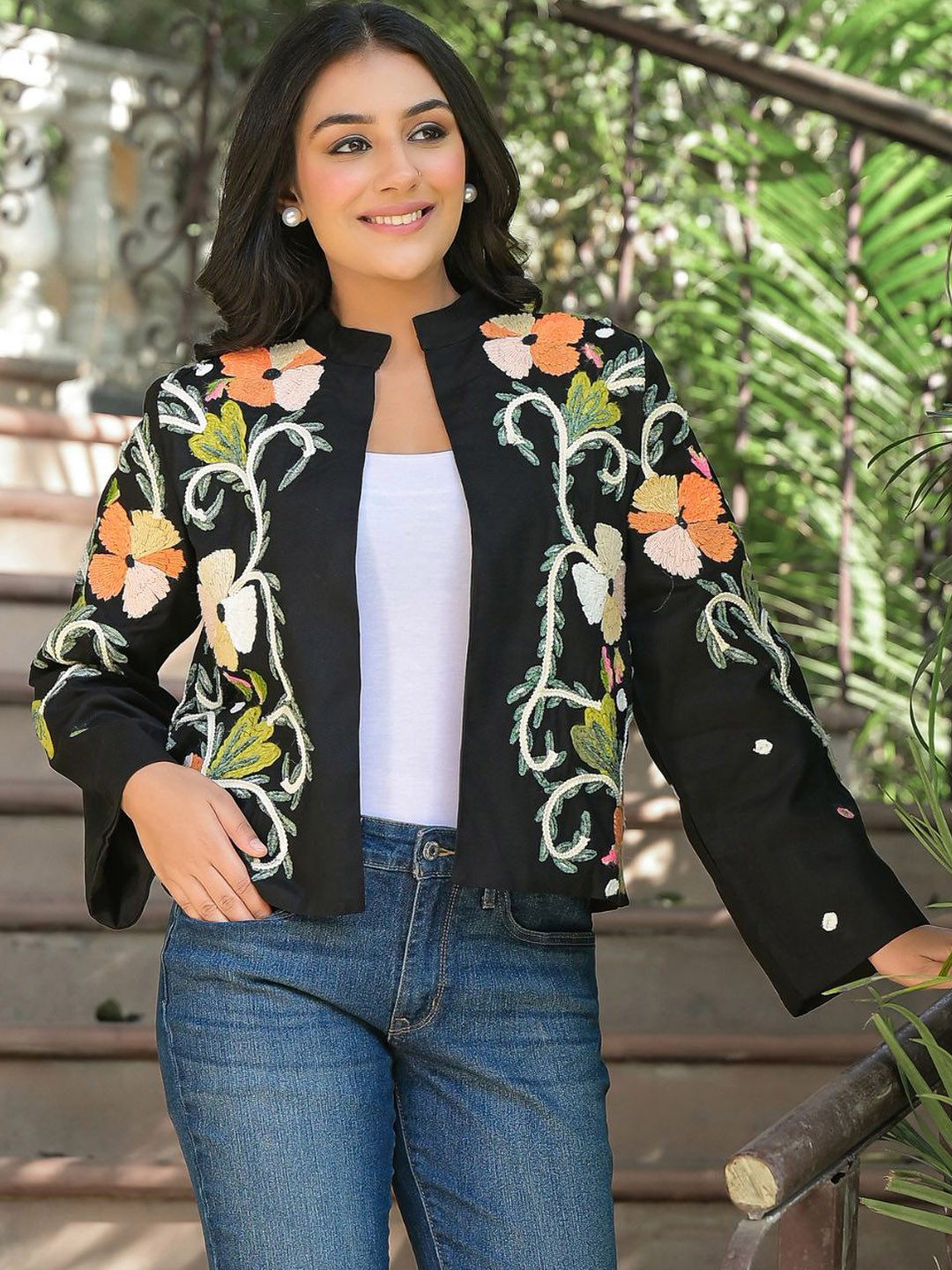 Zolo Label Women Mandarin Collar Floral Embroidered Cotton Casual Open Front Jacket