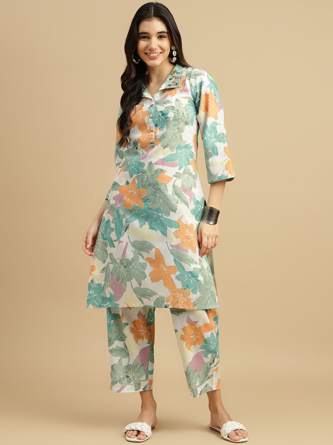 TRENDSWILL Floral Printed Shirt Collar Mirror Work Straight Kurta With Trousers