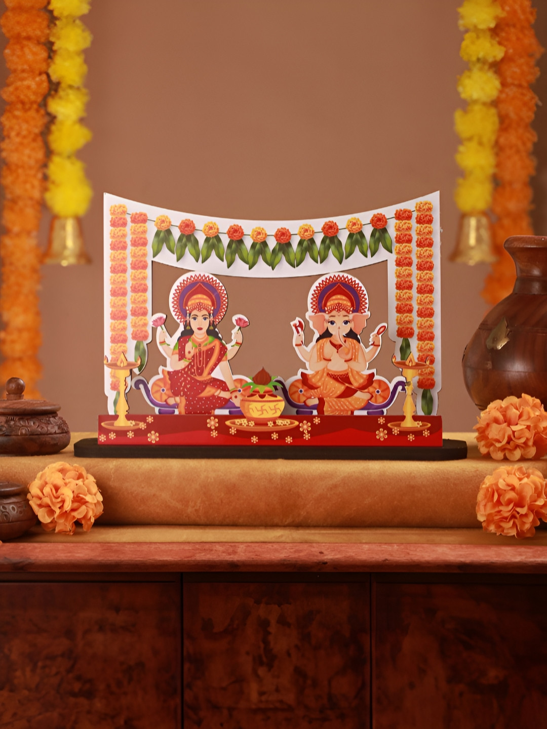 Homspurts Laxmi and Ganesh Red Wood Natural Prayer Room Medium Showpiece - 6 Inches