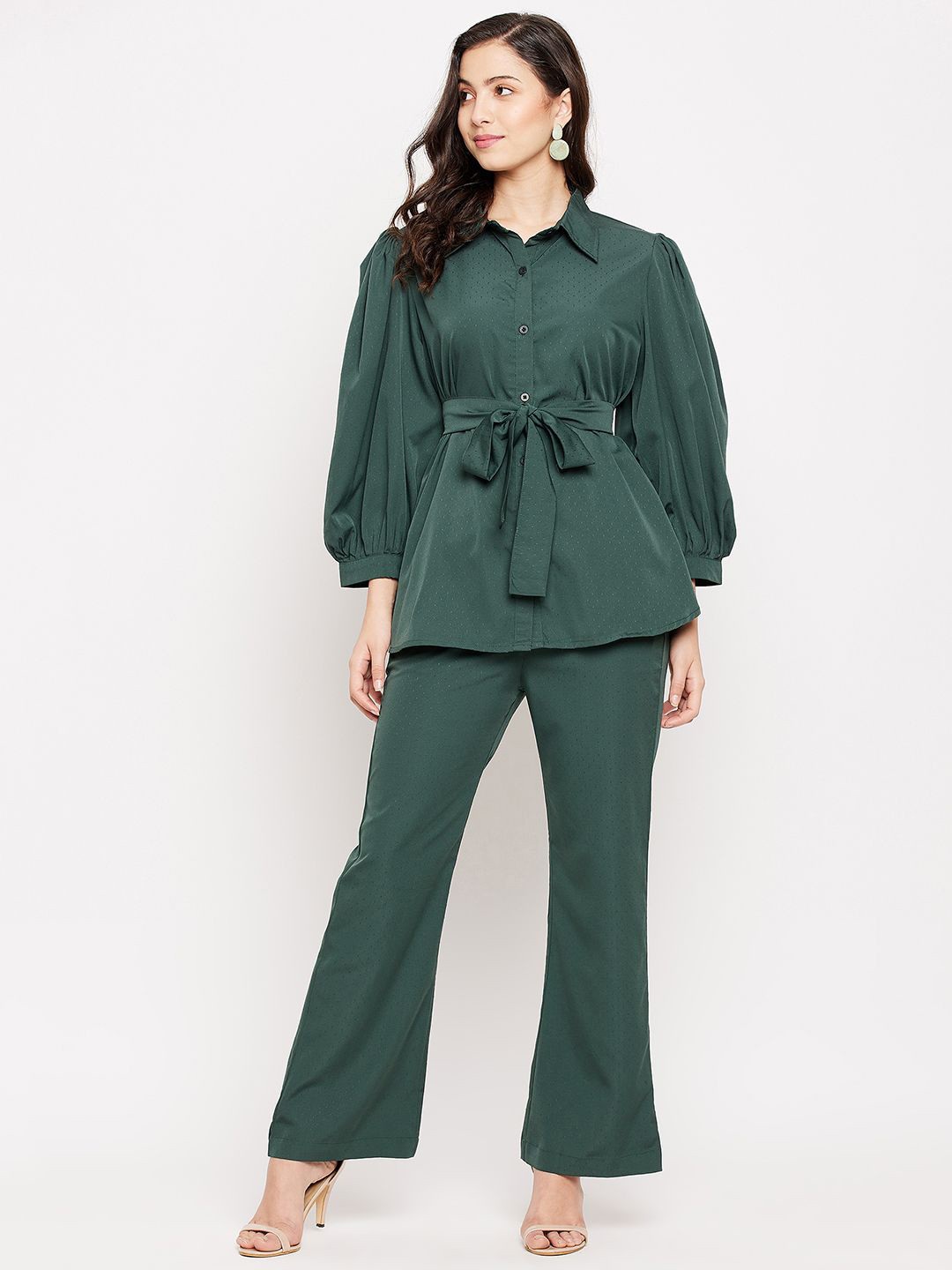 all about you Green Self Design Puffed Sleeves Shirt With Trousers