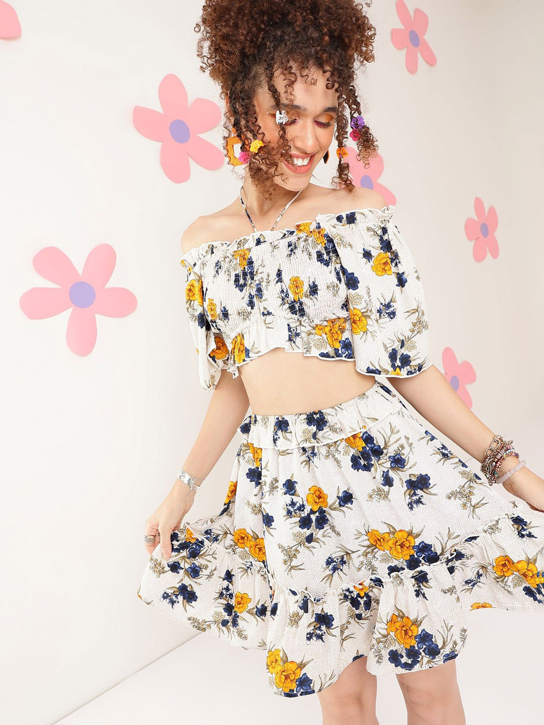 Fuchsia  Printed Off-Shoulder Short Sleeves Top With Skirt