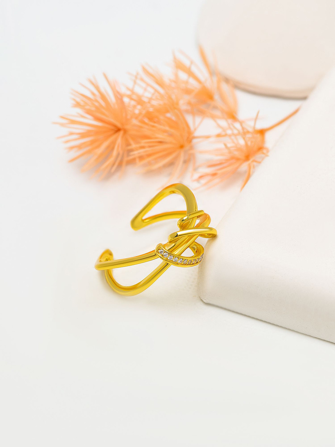 SILBERRY 18K Gold-Plated Sterling Silver CZ-Studded Twisted Knot Finger Ring