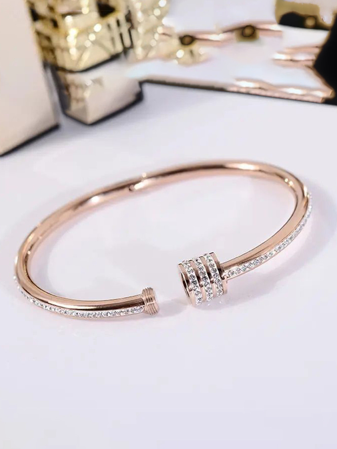 MEENAZ Set Of 2 Gold-Plated Stainless Steel American Diamond Anti Tarnis Kada Bracelets