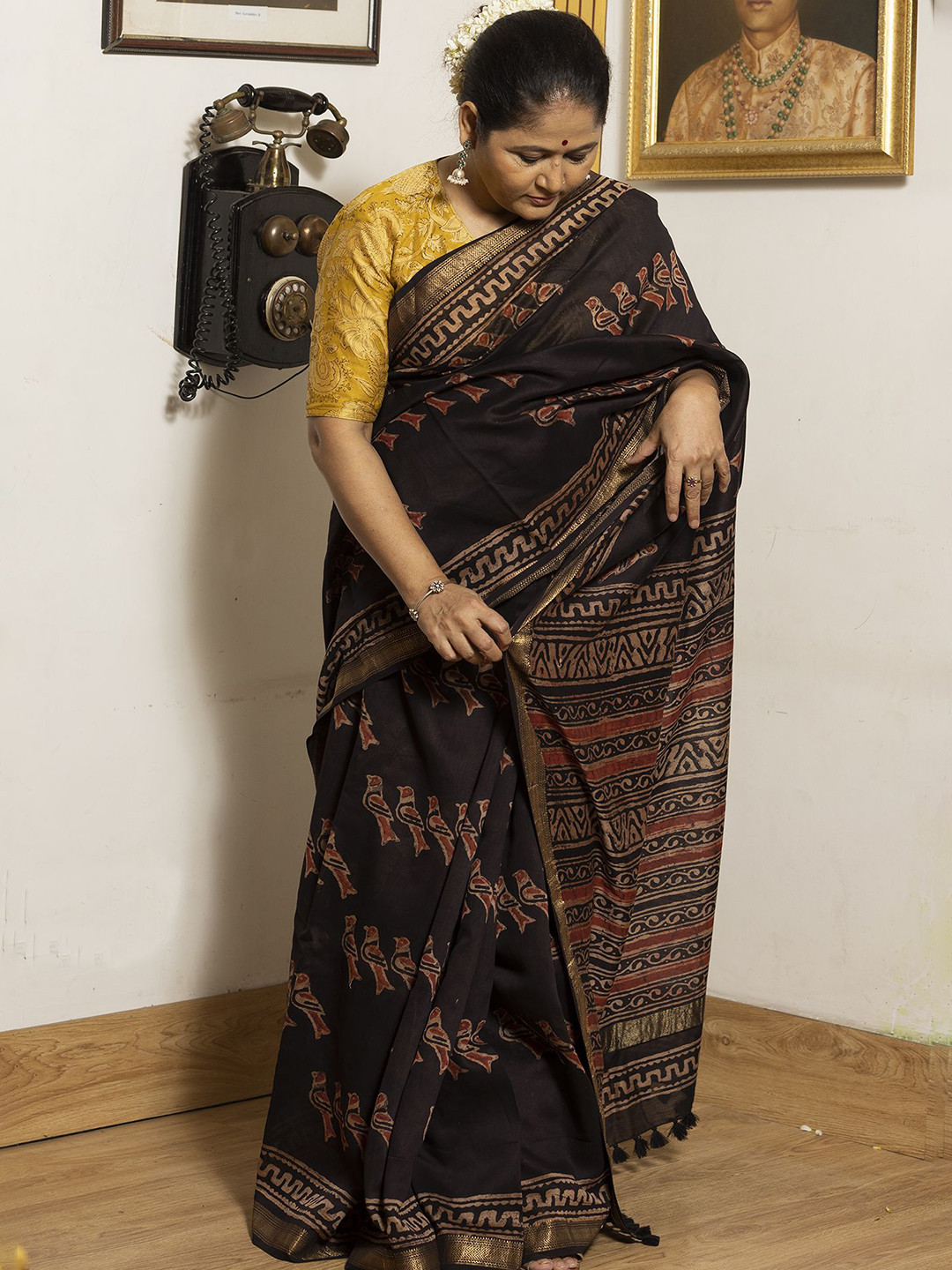 Maitri Jaipur Ajrak Block Zari Maheshwari Saree