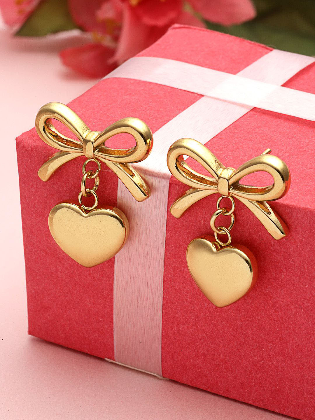 PANASH 18KT Gold Plated Heart Shaped Stainless Steel Tarnish-Free Waterproof Drop Earrings
