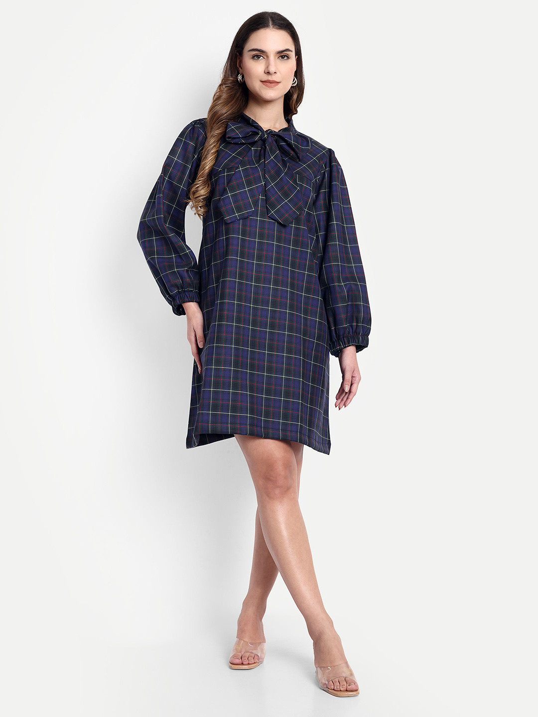 GAB Bow Detail Checked Polyester Shirt Dress