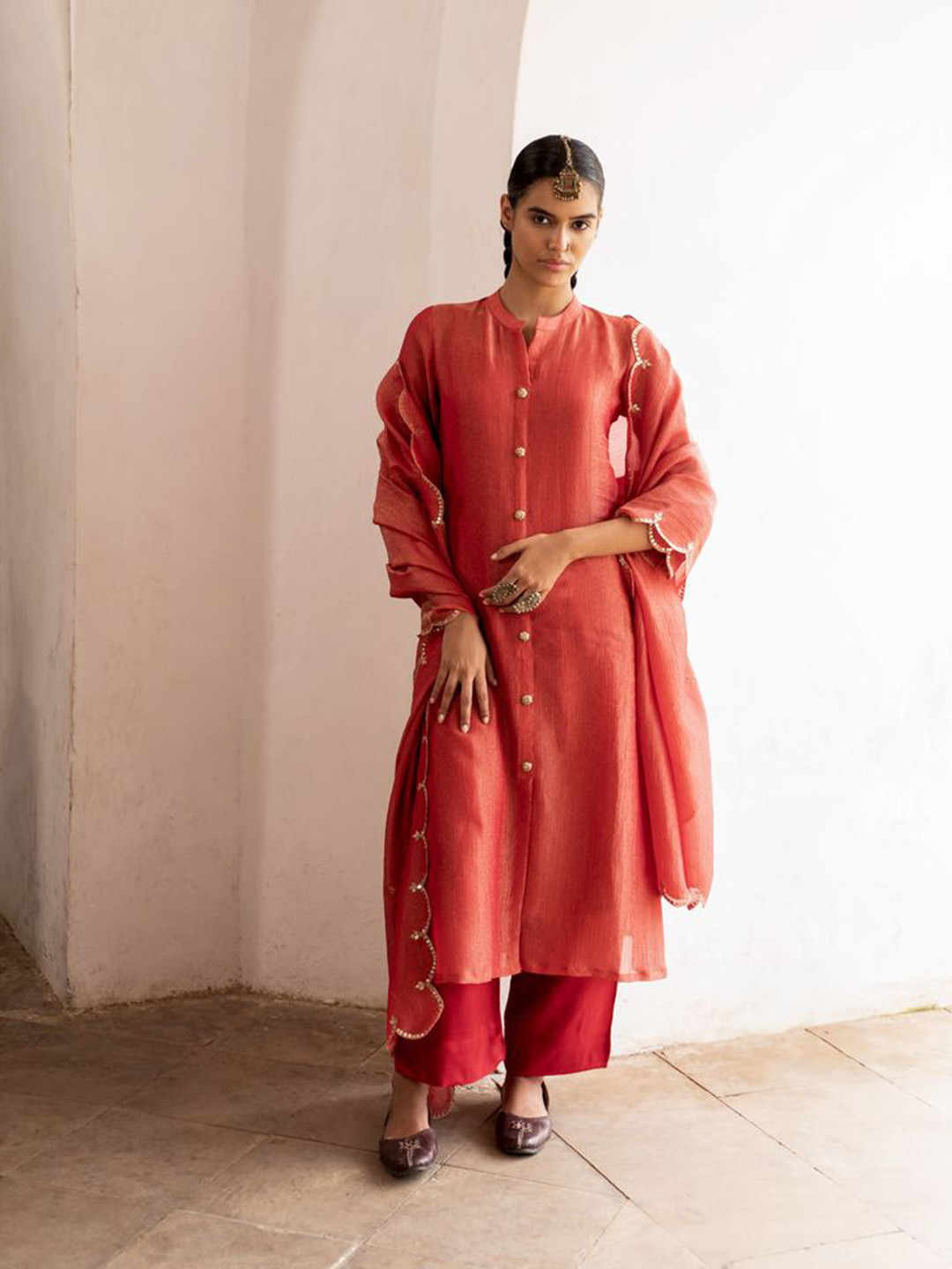 KARAJ JAIPUR Mandarin Collar Chanderi Cotton A-Line Kurta With Palazzos & Dupatta