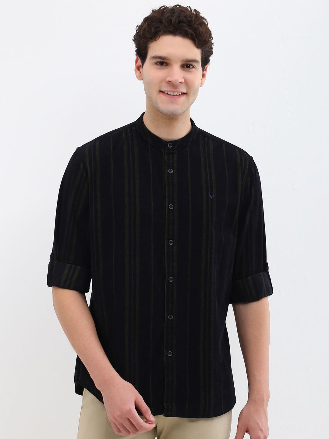 Allen Solly Men Custom Band Collar Vertical Striped Cotton Casual Shirt