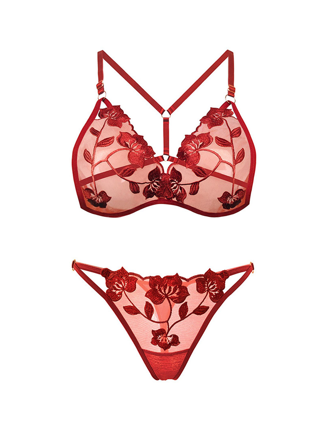 LULU & SKY Floral Sheer Non-Padded Bra & Thong Briefs Lingerie Set-ZR-9304-CLARET