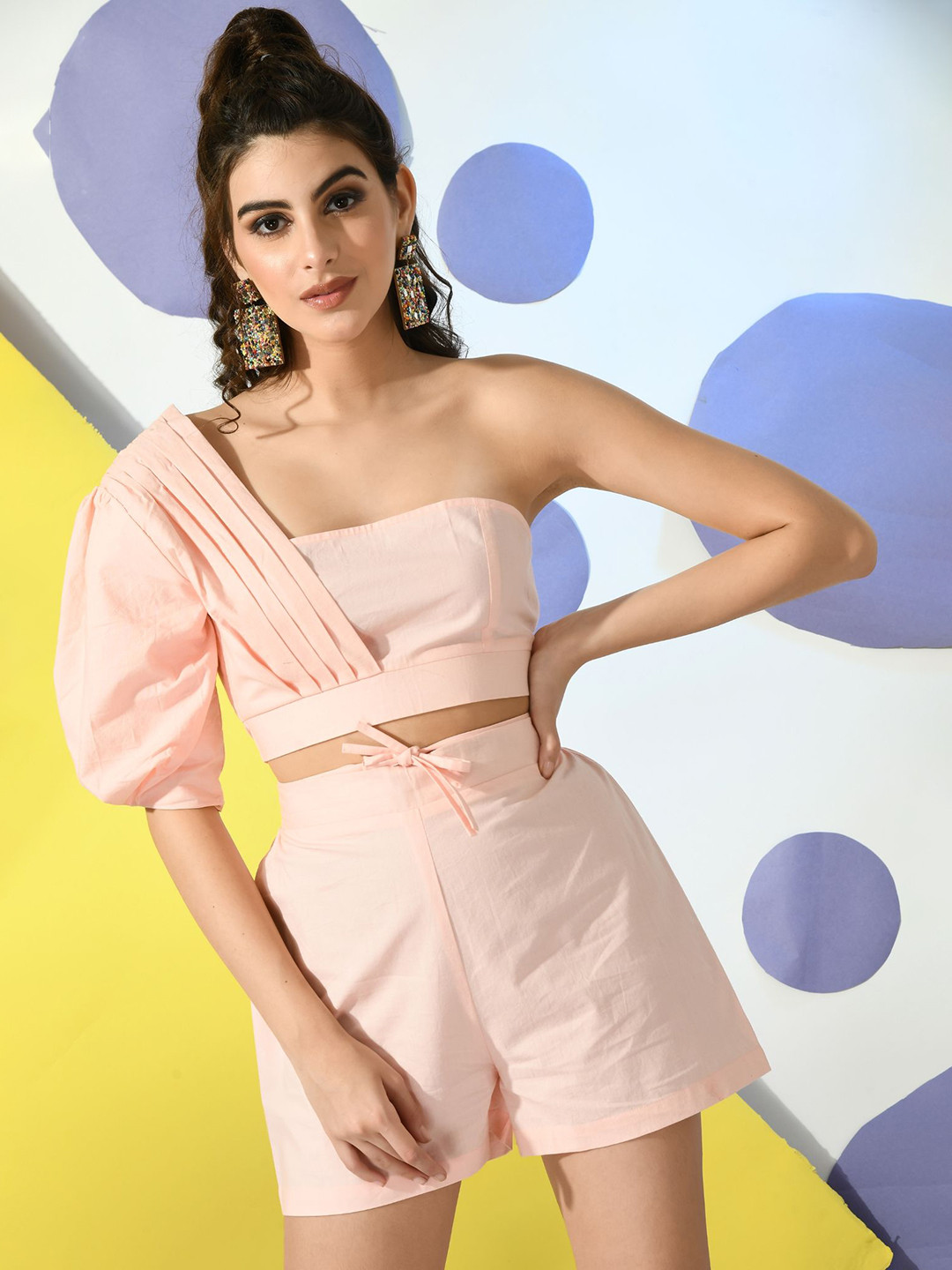 Fuchsia  One-Shoulder Short Sleeves Pure Cotton Top With Shorts