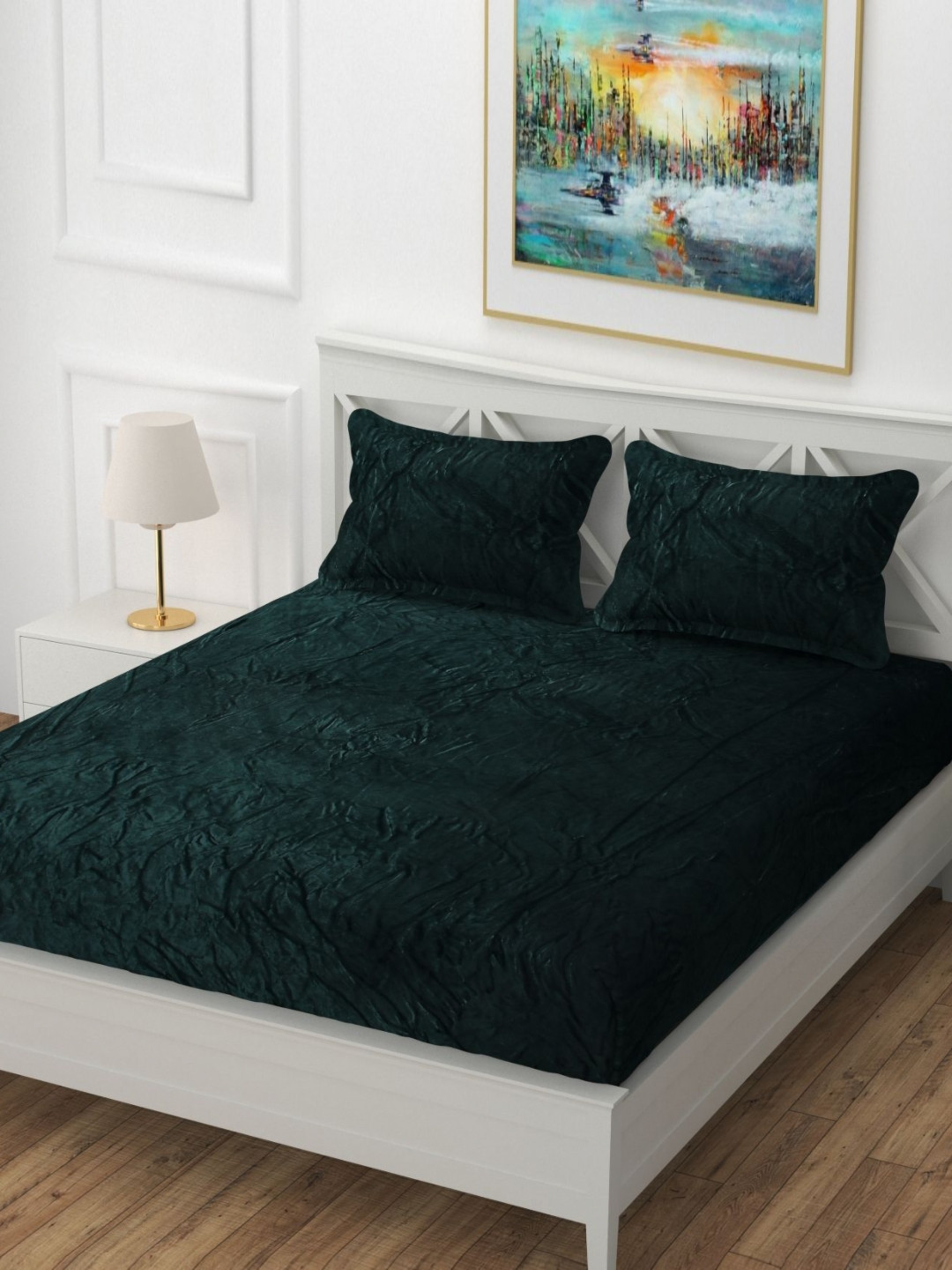BLUEDOT Dark Green Velvet Flannel Warm Fitted King Bedsheet Set
