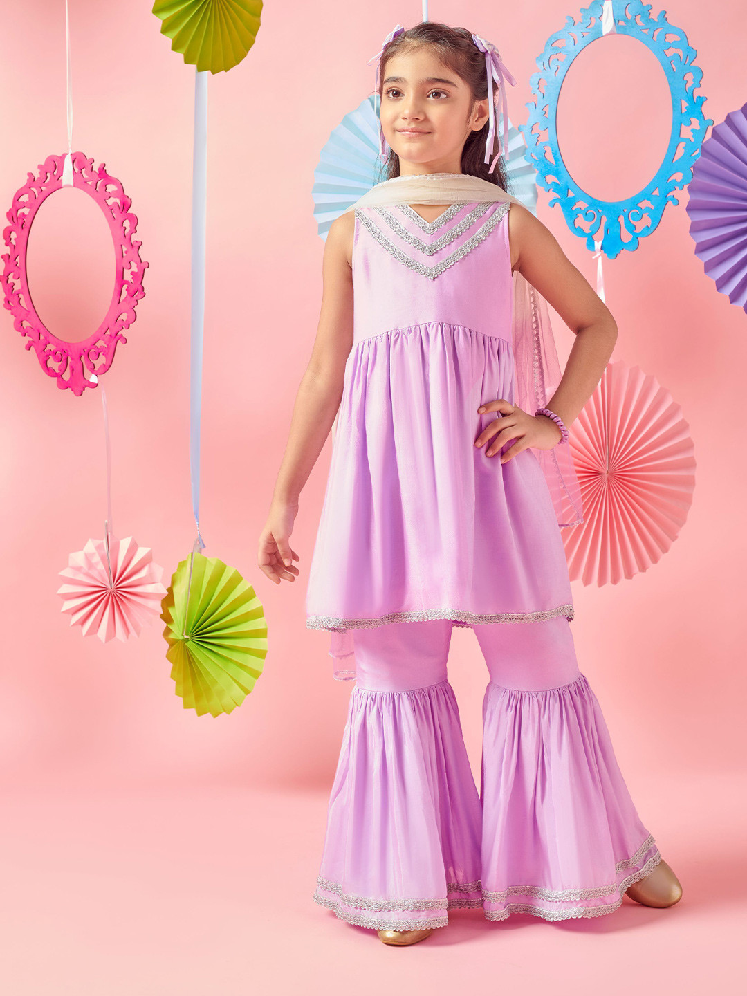 MASTARANG Girls Lilac Solid Kurta With Sharara And Shaded Duppata