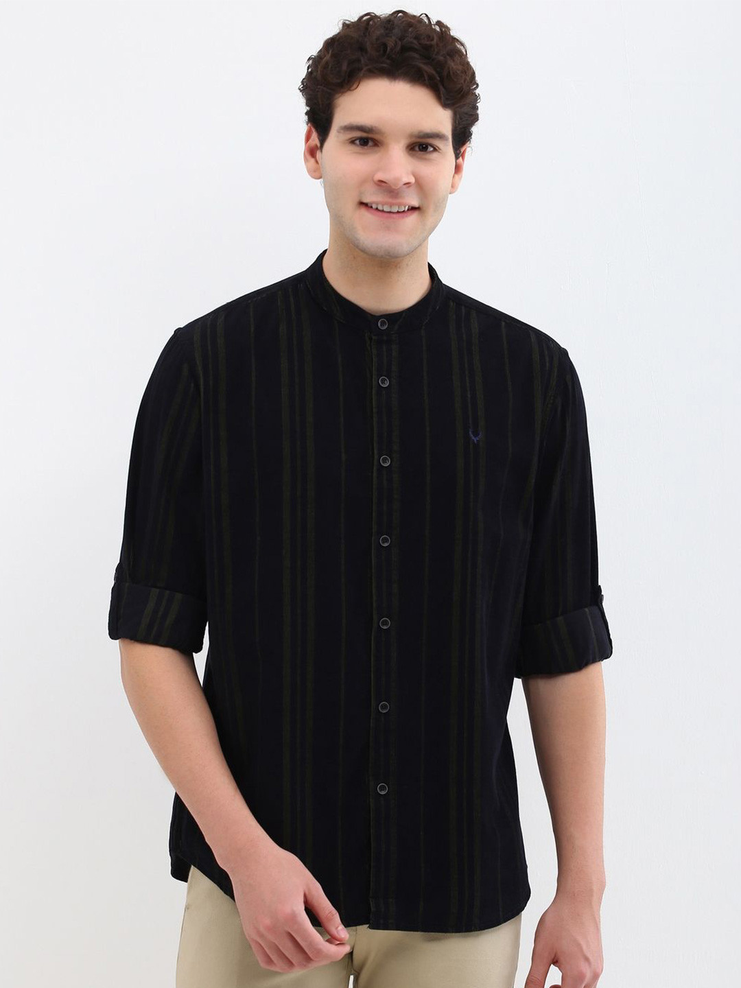 Allen Solly Men Custom Band Collar Vertical Striped Cotton Casual Shirt