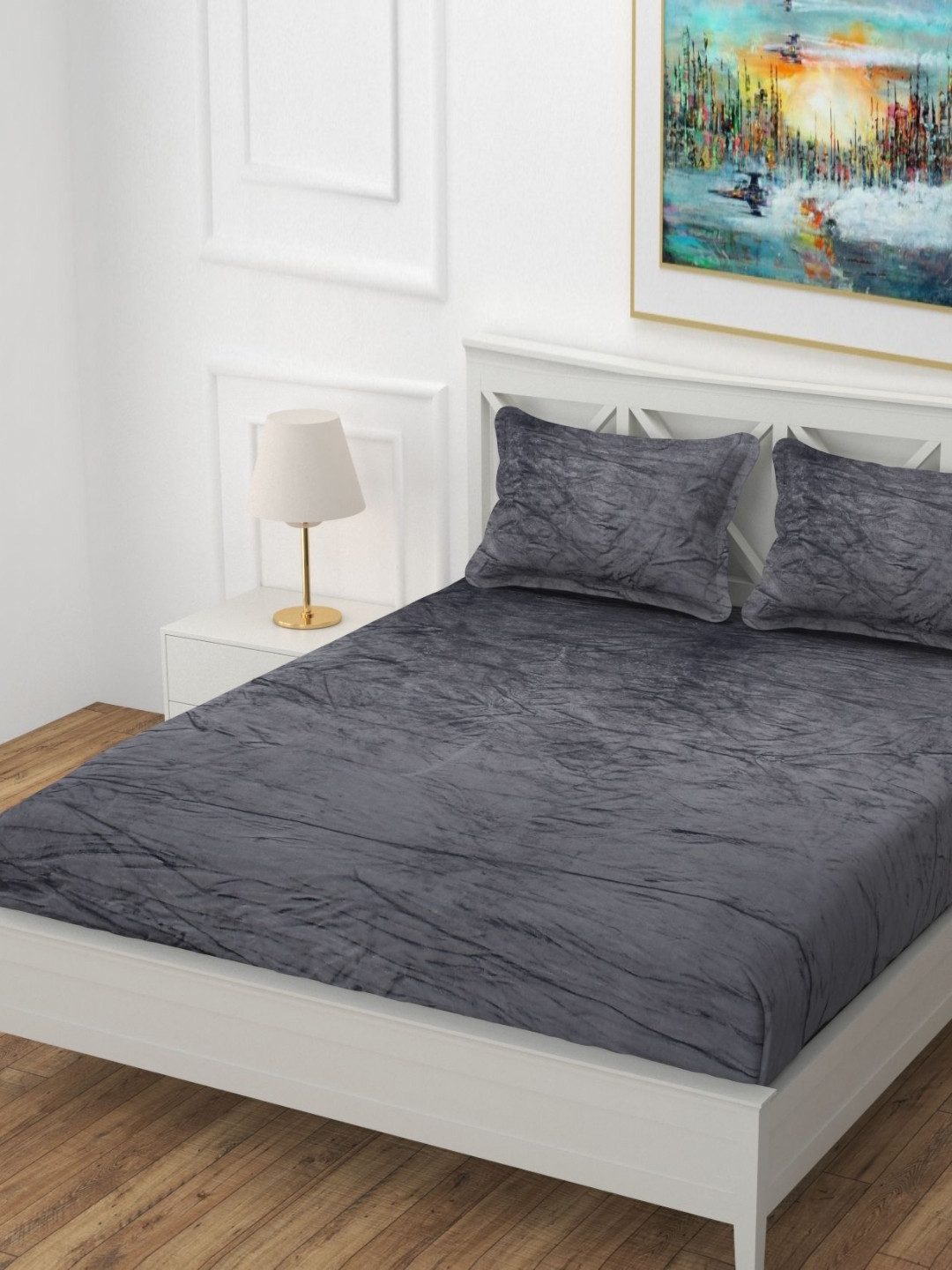 BLUEDOT Grey Solid Velvet Flannel Warm Fitted King Bedsheet Set