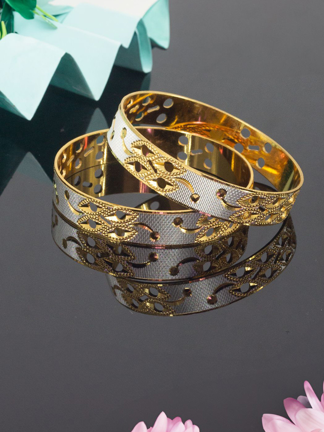 PRIVIU Set Of 2 Gold Plated Rhodium Cutwork Bangles