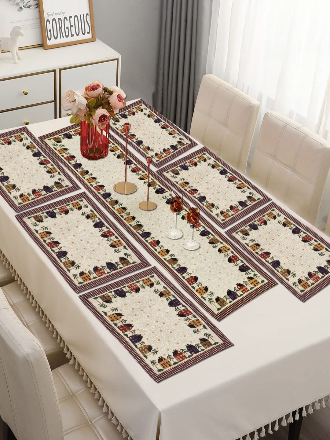 ANA 7 Pcs Beige & Brown Printed Table Place Mats