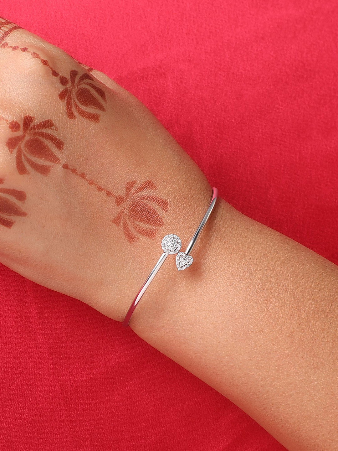 Ornate Jewels 925 Sterling Silver Rhodium Plated AD Studded Heart Open Flexible Bangle