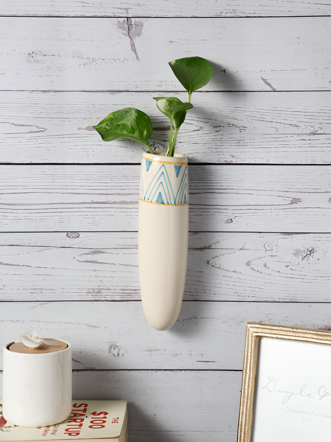 VarEesha Off White & Blue Printed Wall Hanging Planter