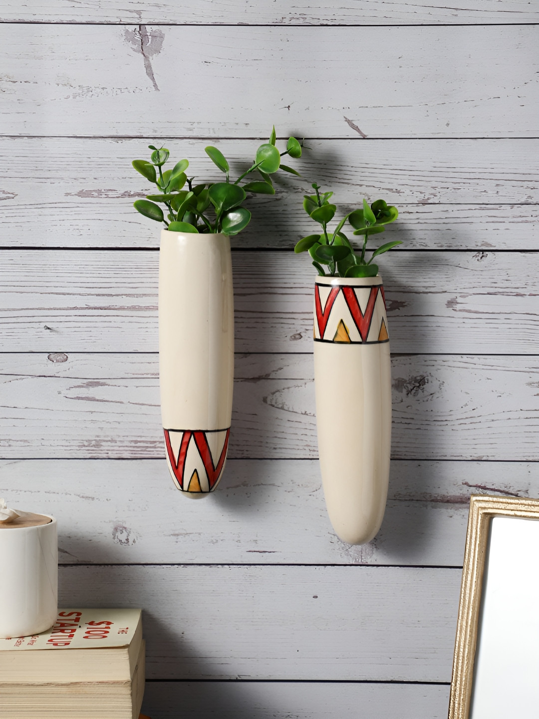 VarEesha 2-Pcs Off White & Red Printed Wall Hanging Planters