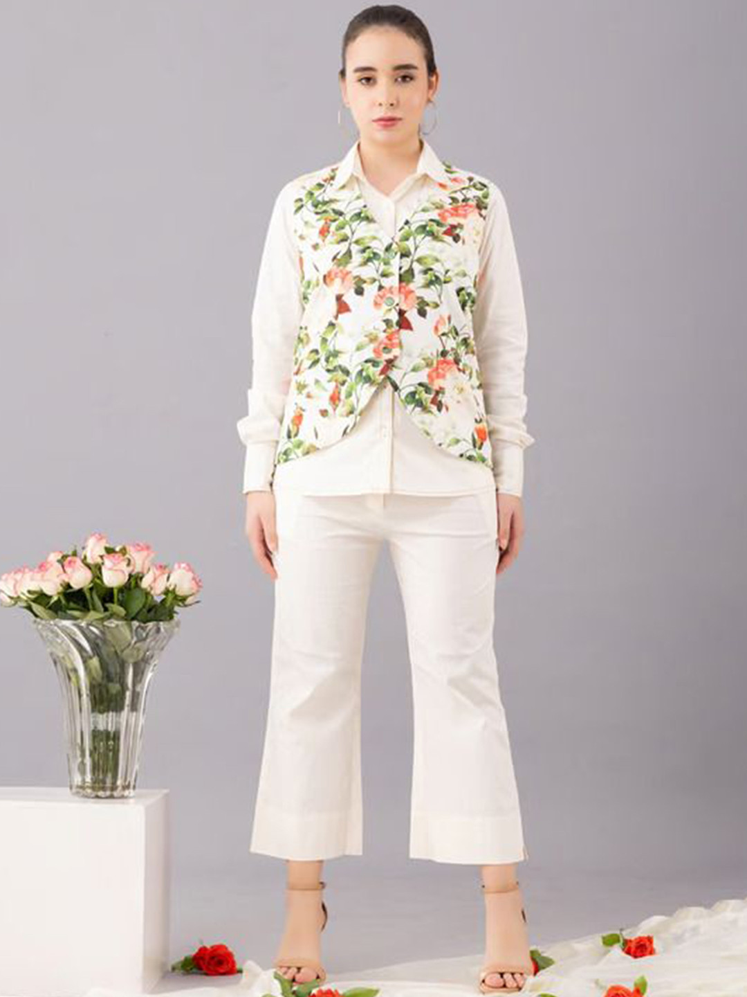KOVET White Printed Pure Cotton Waistcoat Shirt & Trouser