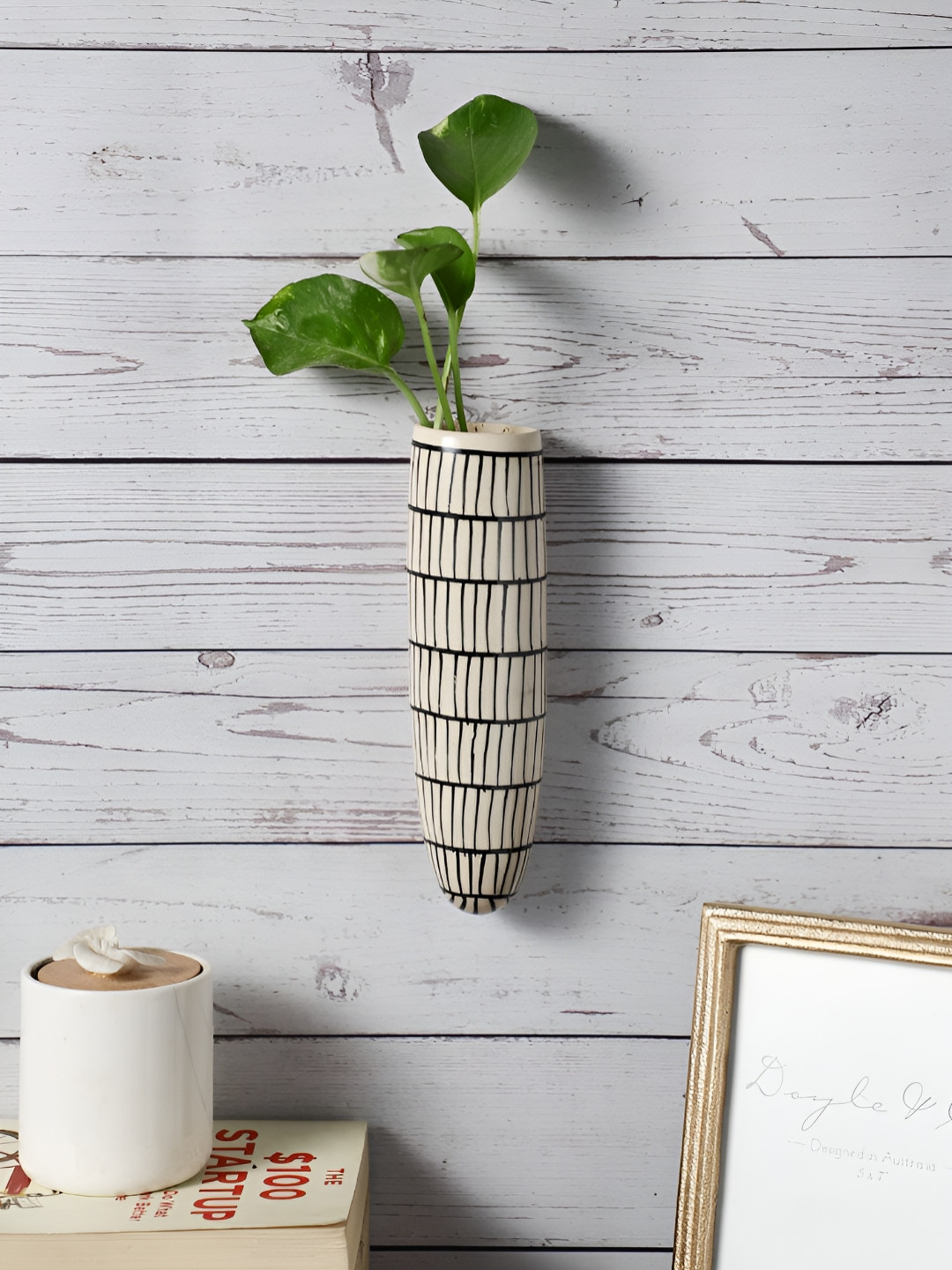 VarEesha Off White & Black Printed Wall Hanging Planter