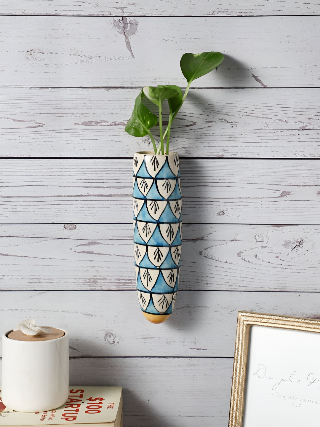 VarEesha Off White & Blue Printed Wall Hanging Planter