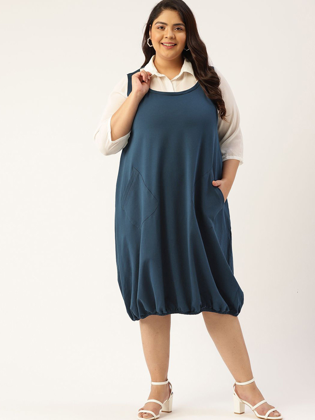 theRebelinme Women Plus Size Shirt Collar Balloon Midi Dress