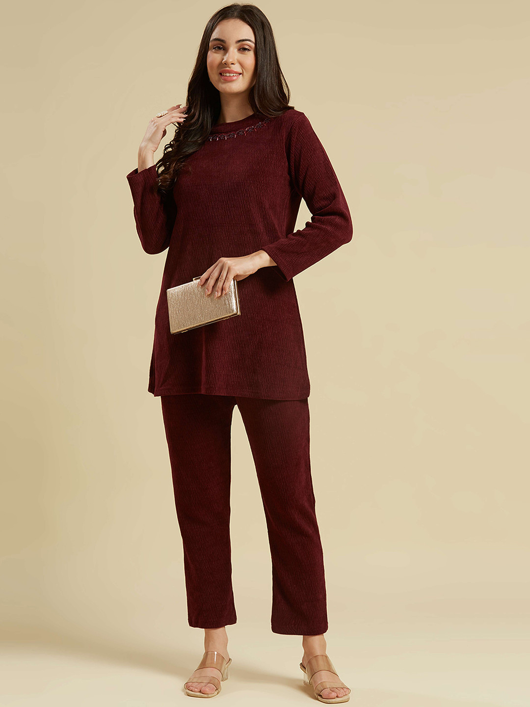 Peachmode Thread Work Pure Wool Top with Trouser Kurta Set