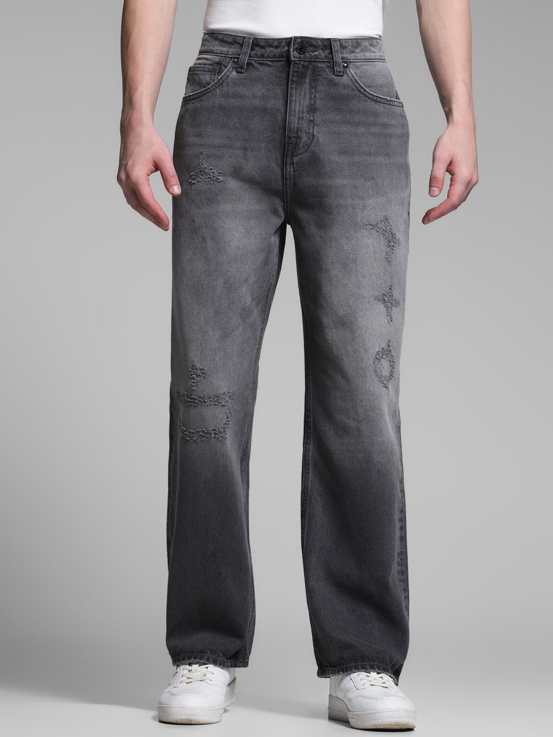 Jack & Jones Men Wide Leg Low Distressed Light Fade Coton Jeans