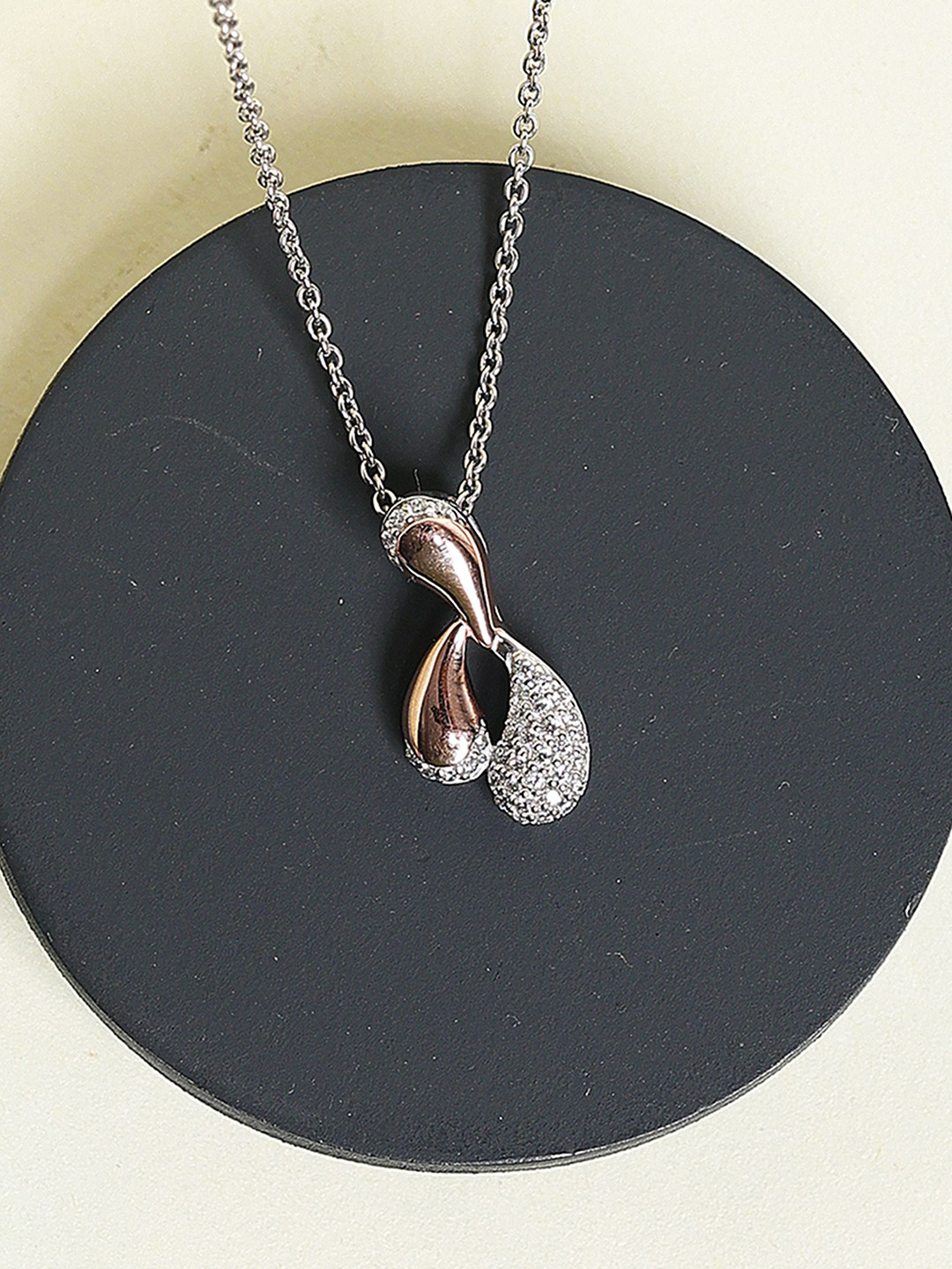 DIAVO 925 Sterling Silver Rose Gold-Plated Cubic Zirconia Oval Shaped Pendant
