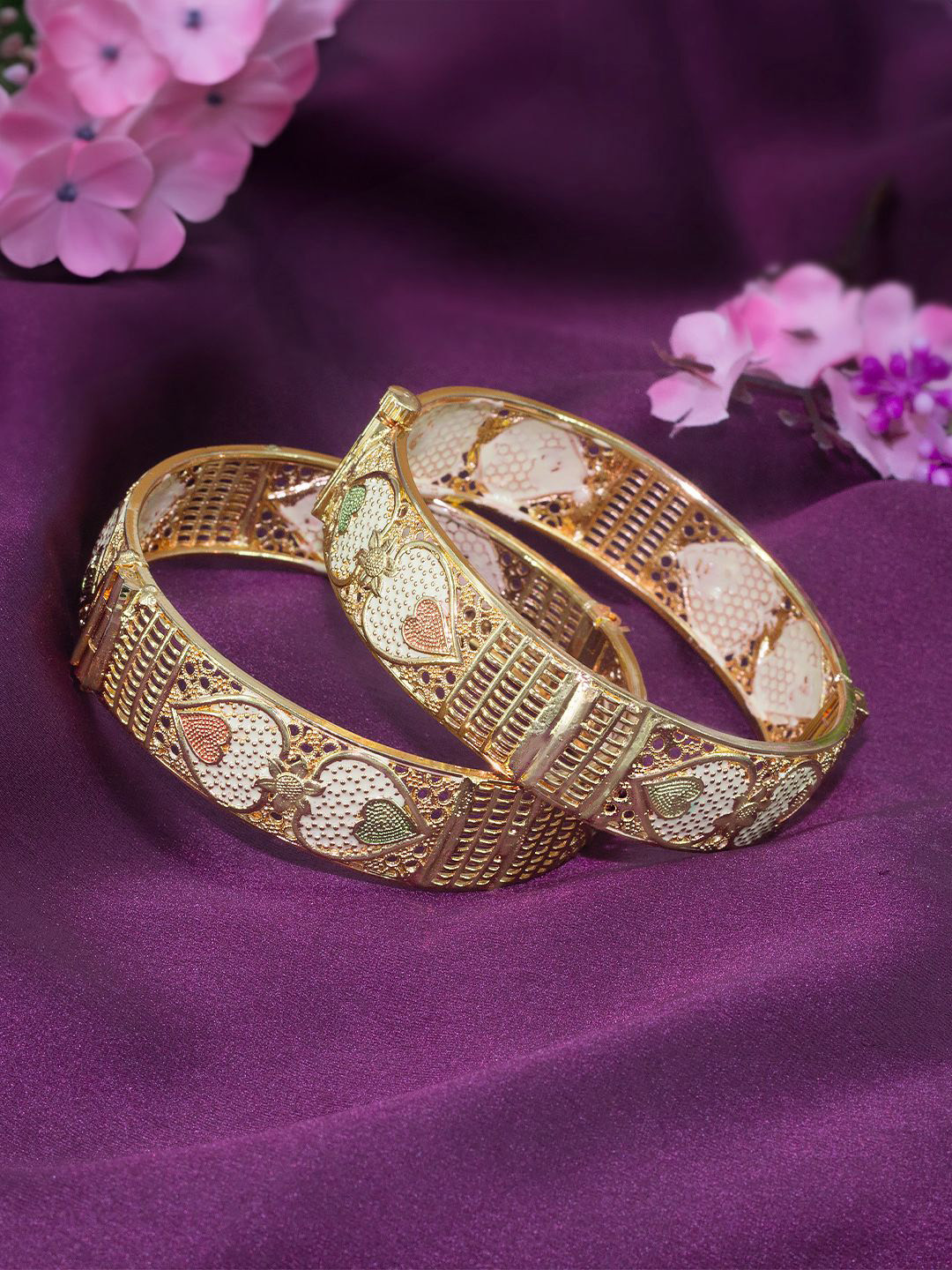 PRIVIU Set Of 2 Gold-Plated Heart Meenakari Broad Bangles